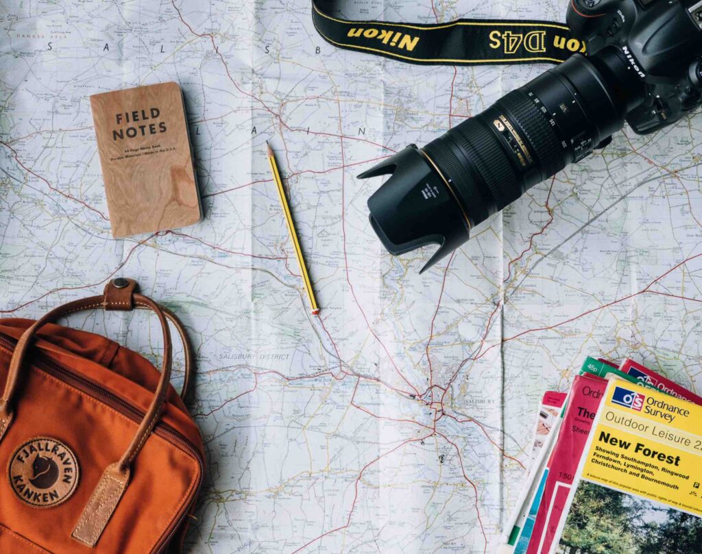 A Picture of travel navigation tool, a camera,map,and backpack .jpg